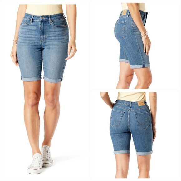 Levi's Women's Mid-rise Bermuda Stretch Pockets Cuffed Distressed Denim Shorts - Picture 2 of 8